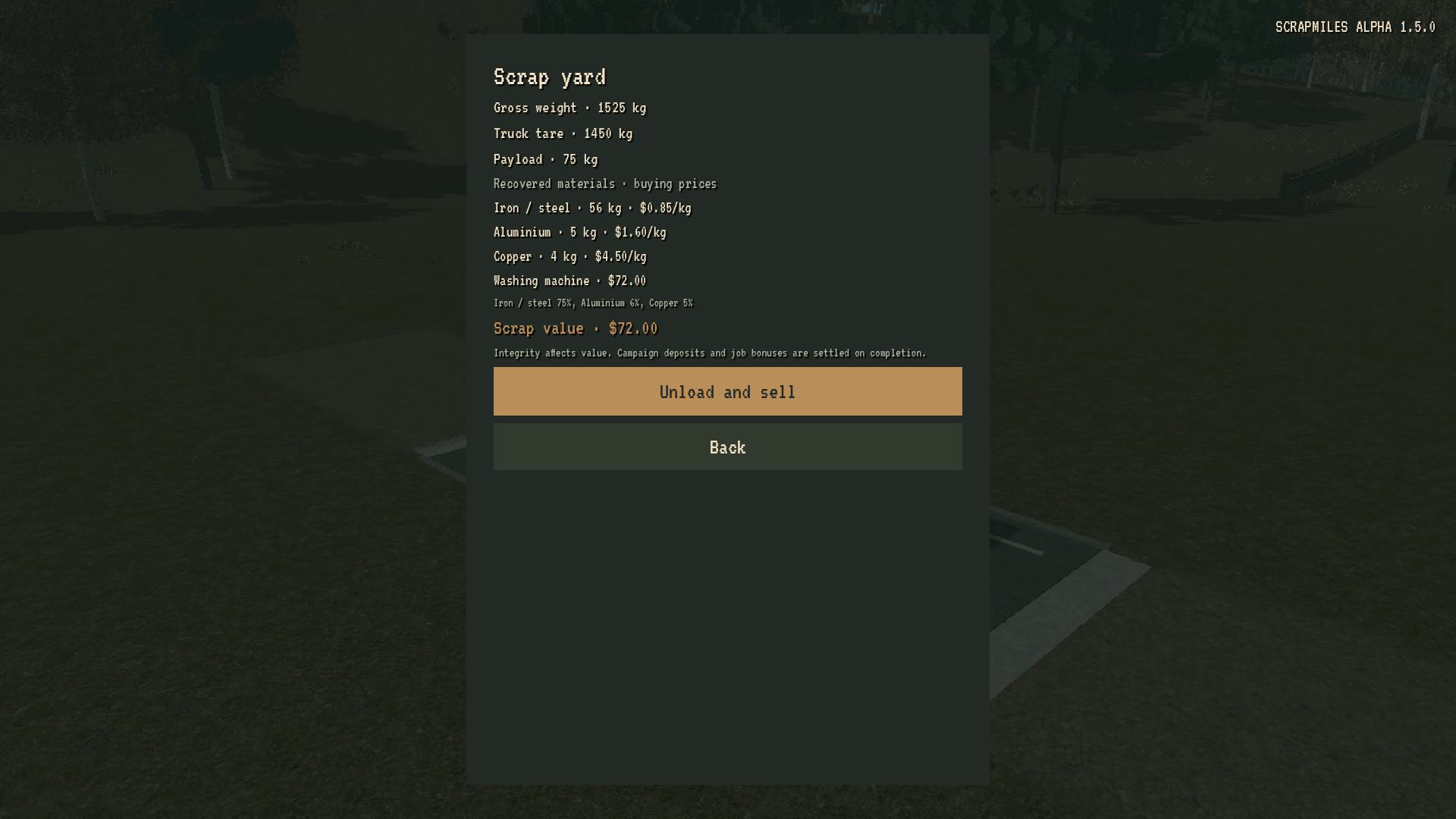The scrap-yard scale shows cargo weight, material prices and the option to sell the load.