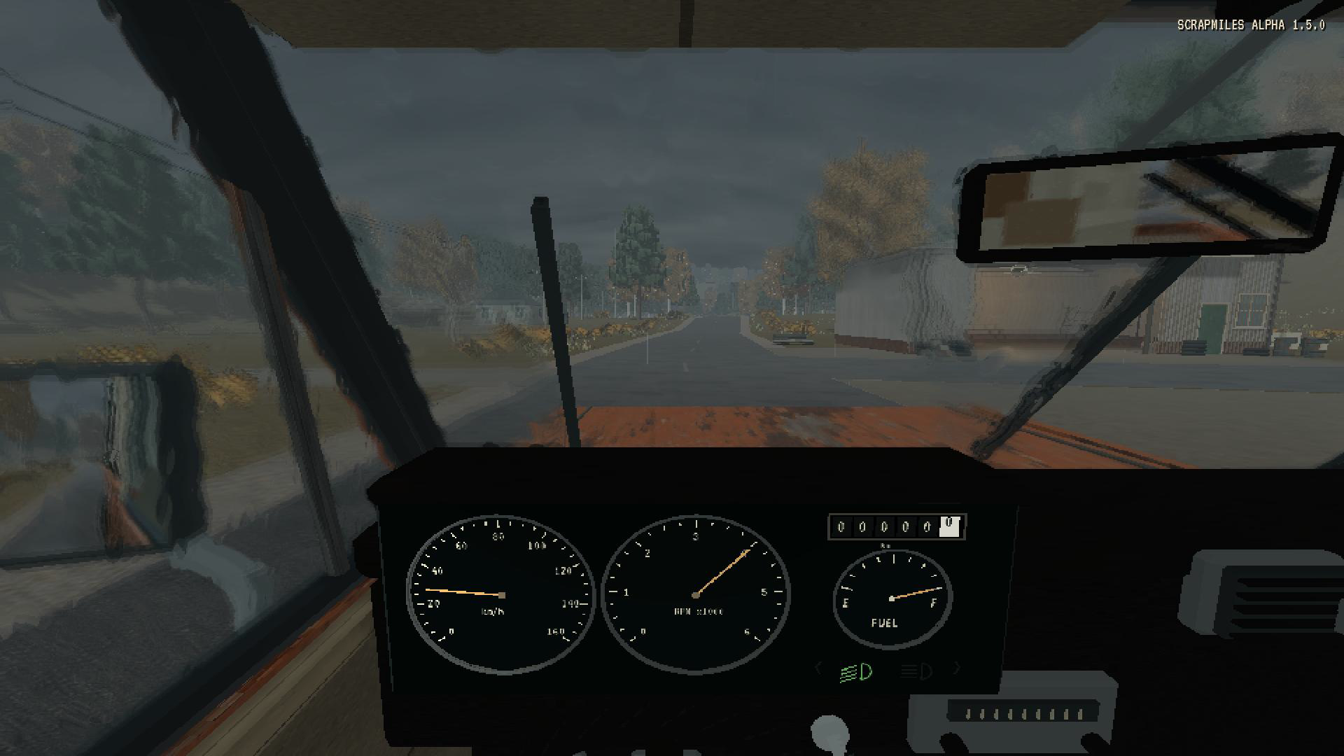 Driving from the cockpit in rain with the windscreen wipers running.